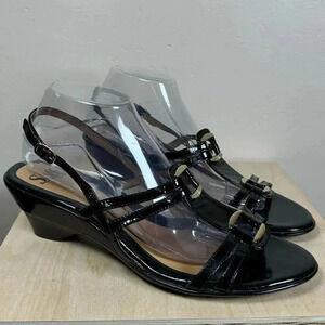 Sofft Patent Leather Black strap Sandals Gold Hardware Wedge 11N
